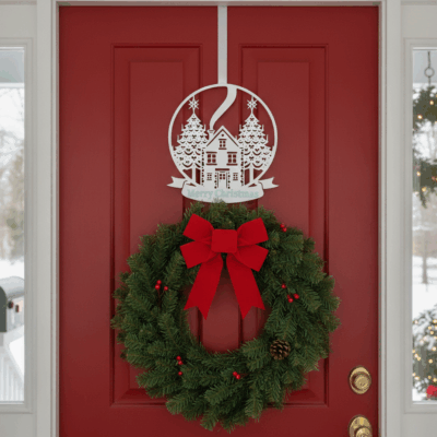 Karácsonyi ajtódísz – Téli házikó motívummal